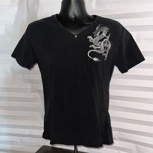 Vermonte Basic Men’s V-Neck T-Shirt Size Small Black Silver Dragon Graphic Tee
